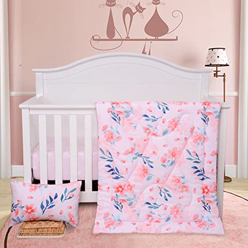 JISEN 3 Piece Crib Bedding Set Crib Quilt Crib Sheet Pillowcase - Soft Microfiber Printed Nursery Set for Baby Boys or Girls Pink Flowers - Crib Bedding Sets Product: JISEN 3 Piece Crib Bedding Set Crib Quilt Crib Sheet Pillowcase - Soft Microfiber Printed Nursery Set for Baby Boys or Girls Pink Flowers