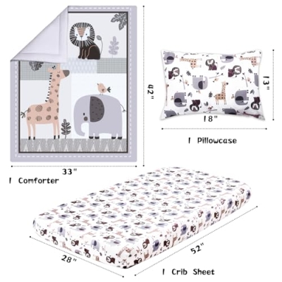 Product: JISEN 3 Piece Crib Bedding Set Soft Baby Crib Bedding Set Jungle Animals Crib Comforter Set - Comforter Crib Sheet Pillowcase Grey Nursery Bedding Sets for Baby Girls or Boys