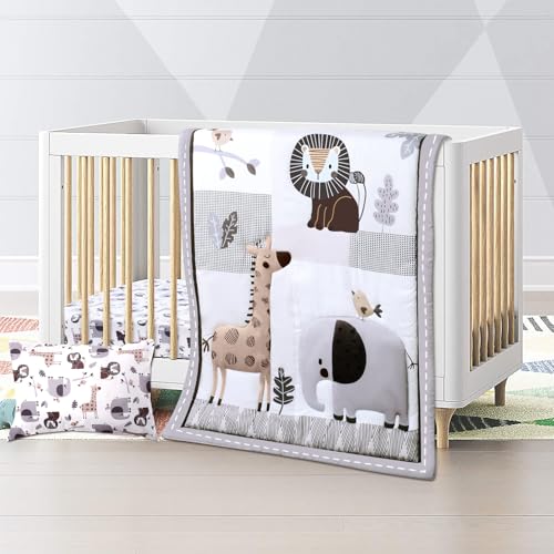 Product: JISEN 3 Piece Crib Bedding Set Soft Baby Crib Bedding Set Jungle Animals Crib Comforter Set - Comforter Crib Sheet Pillowcase Grey Nursery Bedding Sets for Baby Girls or Boys