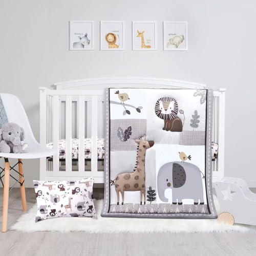 Product: JISEN 3 Piece Crib Bedding Set Soft Baby Crib Bedding Set Jungle Animals Crib Comforter Set - Comforter Crib Sheet Pillowcase Grey Nursery Bedding Sets for Baby Girls or Boys