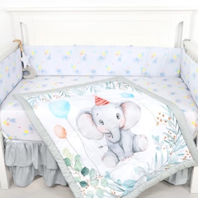 Jundetye Gray Elephant Crib Bedding Set, Reversible Comforter, Fitted Sheet, Crib Skirt, Anti-Bump Cushions, 35x45in 12 Product: Jundetye Crib Bedding Set for Boys Girls Gray Elephant, Soft Nursery Bed Sets for Newborn Infant Toddler Includes Reversible Comforter, Fitted Sheet, Crib Skirt, and Anti-Collision Pads, Neutral