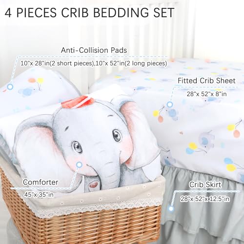 Jundetye Gray Elephant Crib Bedding Set, Reversible Comforter, Fitted Sheet, Crib Skirt, Anti-Bump Cushions, 35x45in 3 Product: Jundetye Crib Bedding Set for Boys Girls Gray Elephant, Soft Nursery Bed Sets for Newborn Infant Toddler Includes Reversible Comforter, Fitted Sheet, Crib Skirt, and Anti-Collision Pads, Neutral