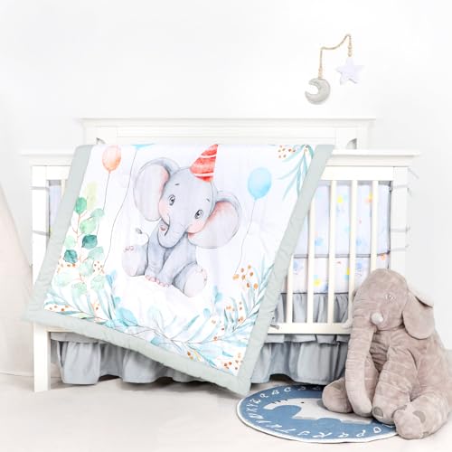 Jundetye Gray Elephant Crib Bedding Set, Reversible Comforter, Fitted Sheet, Crib Skirt, Anti-Bump Cushions, 35x45in 2 Product: Jundetye Crib Bedding Set for Boys Girls Gray Elephant, Soft Nursery Bed Sets for Newborn Infant Toddler Includes Reversible Comforter, Fitted Sheet, Crib Skirt, and Anti-Collision Pads, Neutral