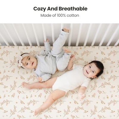 Muslin Crib Sheets, Floral Soft Pink 2 Pack Cotton Bedding, Standard Crib 52 x 28 inches 7 Product: Konssy Muslin Crib Sheets for Girl Boy, 2 PCS Soft and Breathable Cotton Baby Sheets for Standard Crib Mattress, 52"x 28" (Floral, Pink)