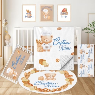 Product: Kryvoxc Personalized Baby Bedding Set, 5 Pcs Custom Baby Crib Sets with Name, Bear Bread Toddler Bedding Set for Baby Girls Boys, Double Layer Nursery Bundle​​, Customized Gifts for Infants Kids