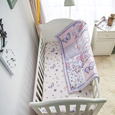 Product: La Premura 3-Piece Purple Butterfly Baby Crib Bedding Set for Girls, Lilac Standard Size Crib Set for Baby Girl, Comforter, Fitted Sheet, and Dust Ruffle Skirt, Baby Nursery Floral Design for Girls