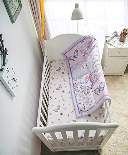 Product: La Premura 3-Piece Purple Butterfly Baby Crib Bedding Set for Girls, Lilac Standard Size Crib Set for Baby Girl, Comforter, Fitted Sheet, and Dust Ruffle Skirt, Baby Nursery Floral Design for Girls