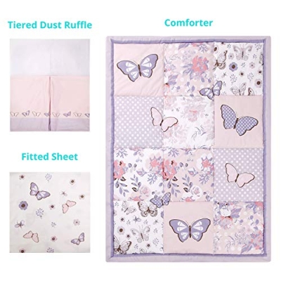 Product: La Premura 3-Piece Purple Butterfly Baby Crib Bedding Set for Girls, Lilac Standard Size Crib Set for Baby Girl, Comforter, Fitted Sheet, and Dust Ruffle Skirt, Baby Nursery Floral Design for Girls