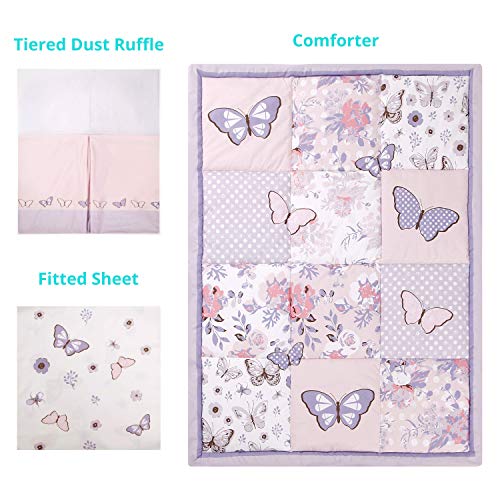 Product: La Premura 3-Piece Purple Butterfly Baby Crib Bedding Set for Girls, Lilac Standard Size Crib Set for Baby Girl, Comforter, Fitted Sheet, and Dust Ruffle Skirt, Baby Nursery Floral Design for Girls