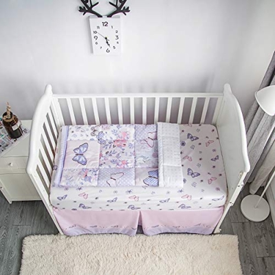 Product: La Premura 3-Piece Purple Butterfly Baby Crib Bedding Set for Girls, Lilac Standard Size Crib Set for Baby Girl, Comforter, Fitted Sheet, and Dust Ruffle Skirt, Baby Nursery Floral Design for Girls
