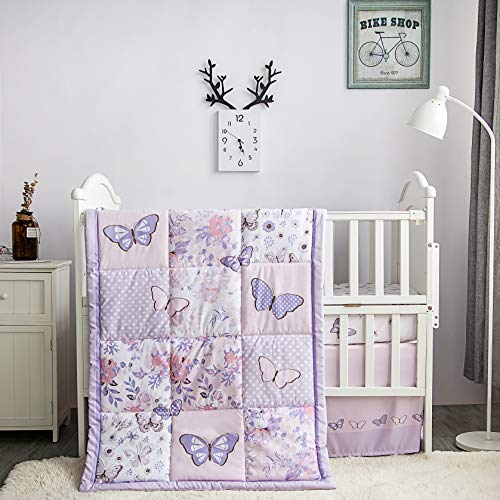 Product: La Premura 3-Piece Purple Butterfly Baby Crib Bedding Set for Girls, Lilac Standard Size Crib Set for Baby Girl, Comforter, Fitted Sheet, and Dust Ruffle Skirt, Baby Nursery Floral Design for Girls