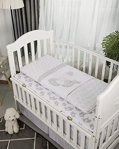 Grey Baby Crib Bedding Set, La Premura Elephant Puppy Nursery, 3 Piece Standard Size, Unisex Gray Decor, 28x52in 6 Product: La Premura Baby Crib Bedding Set for Boys, Gray Elephants & Puppy 3 Piece Standard Size Grey Crib Set, Fitted Sheet, Quilt & Skirt, Unisex Nursey Bedding and Neutral Decor