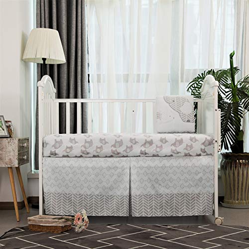 Grey Baby Crib Bedding Set, La Premura Elephant Puppy Nursery, 3 Piece Standard Size, Unisex Gray Decor, 28x52in 3 Product: La Premura Baby Crib Bedding Set for Boys, Gray Elephants & Puppy 3 Piece Standard Size Grey Crib Set, Fitted Sheet, Quilt & Skirt, Unisex Nursey Bedding and Neutral Decor