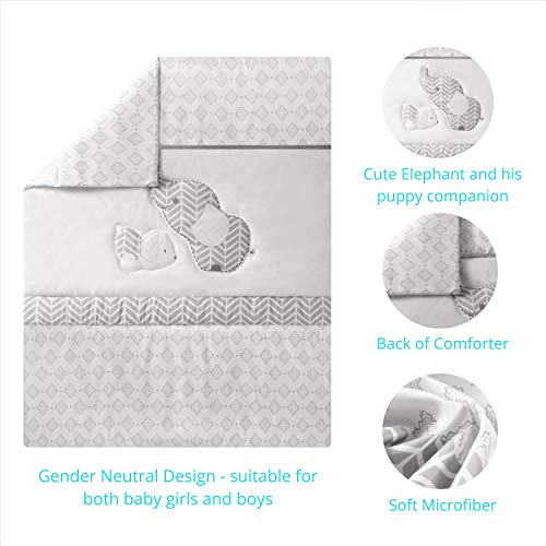 Grey Baby Crib Bedding Set, La Premura Elephant Puppy Nursery, 3 Piece Standard Size, Unisex Gray Decor, 28x52in 4 Product: La Premura Baby Crib Bedding Set for Boys, Gray Elephants & Puppy 3 Piece Standard Size Grey Crib Set, Fitted Sheet, Quilt & Skirt, Unisex Nursey Bedding and Neutral Decor
