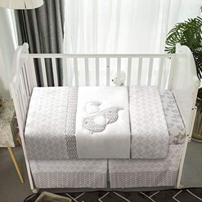 Grey Baby Crib Bedding Set, La Premura Elephant Puppy Nursery, 3 Piece Standard Size, Unisex Gray Decor, 28x52in 15 Product: La Premura Baby Crib Bedding Set for Boys, Gray Elephants & Puppy 3 Piece Standard Size Grey Crib Set, Fitted Sheet, Quilt & Skirt, Unisex Nursey Bedding and Neutral Decor