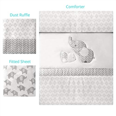 Grey Baby Crib Bedding Set, La Premura Elephant Puppy Nursery, 3 Piece Standard Size, Unisex Gray Decor, 28x52in 9 Product: La Premura Baby Crib Bedding Set for Boys, Gray Elephants & Puppy 3 Piece Standard Size Grey Crib Set, Fitted Sheet, Quilt & Skirt, Unisex Nursey Bedding and Neutral Decor