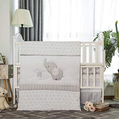 Product: La Premura Baby Crib Bedding Set for Boys, Gray Elephants & Puppy 3 Piece Standard Size Grey Crib Set, Fitted Sheet, Quilt & Skirt, Unisex Nursey Bedding and Neutral Decor