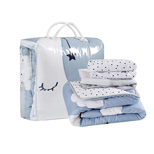 Sleeping Moon 3 Piece Crib Bedding Set, Blue Grey Quilt Fitted Sheet Crib Skirt, Calm Celestial Nursery 32x42in 7 Product: La Premura Sleeping Moon Baby Nursery Crib Bedding Set, 3 Piece Standard Size Crib Bedding Set, Blue and Grey