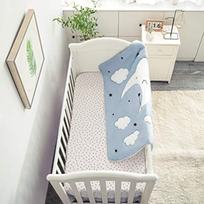 Sleeping Moon 3 Piece Crib Bedding Set, Blue Grey Quilt Fitted Sheet Crib Skirt, Calm Celestial Nursery 32x42in 15 Product: La Premura Sleeping Moon Baby Nursery Crib Bedding Set, 3 Piece Standard Size Crib Bedding Set, Blue and Grey