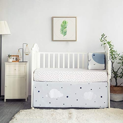 Sleeping Moon 3 Piece Crib Bedding Set, Blue Grey Quilt Fitted Sheet Crib Skirt, Calm Celestial Nursery 32x42in 17 Product: La Premura Sleeping Moon Baby Nursery Crib Bedding Set, 3 Piece Standard Size Crib Bedding Set, Blue and Grey