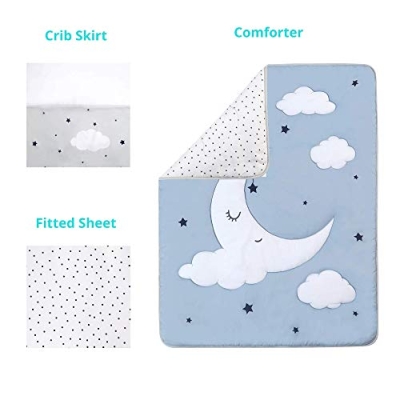 Sleeping Moon 3 Piece Crib Bedding Set, Blue Grey Quilt Fitted Sheet Crib Skirt, Calm Celestial Nursery 32x42in 11 Product: La Premura Sleeping Moon Baby Nursery Crib Bedding Set, 3 Piece Standard Size Crib Bedding Set, Blue and Grey