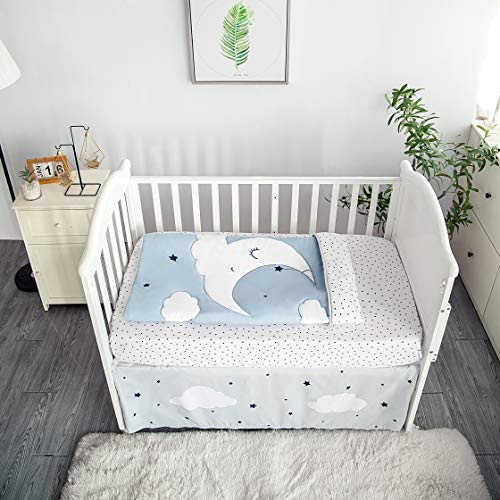 Sleeping Moon 3 Piece Crib Bedding Set, Blue Grey Quilt Fitted Sheet Crib Skirt, Calm Celestial Nursery 32x42in 1 Product: La Premura Sleeping Moon Baby Nursery Crib Bedding Set, 3 Piece Standard Size Crib Bedding Set, Blue and Grey