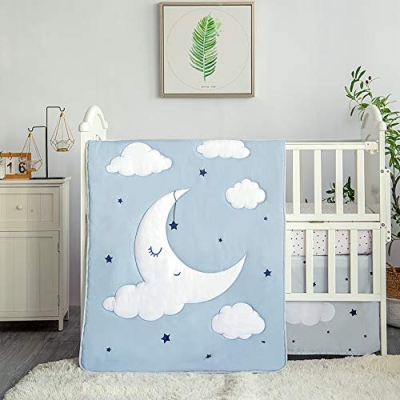 Product: La Premura Sleeping Moon Baby Nursery Crib Bedding Set, 3 Piece Standard Size Crib Bedding Set, Blue and Grey