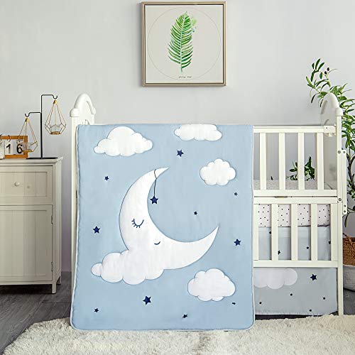 La Premura Sleeping Moon Baby Nursery Crib Bedding Set, 3 Piece Standard Size Crib Bedding Set, Blue and Grey - Crib Bedding Sets Product: La Premura Sleeping Moon Baby Nursery Crib Bedding Set, 3 Piece Standard Size Crib Bedding Set, Blue and Grey