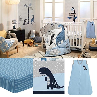 Lambs & Ivy Baby Dino Blue White Dinosaur 6 Piece Crib Bedding Set, Quilt Sheets Crib Skirt Wearable Blanket Wall Decals, 6pc 15 Product: Lambs & Ivy Baby Dino Blue/White Dinosaur Nursery 6-Piece Crib Bedding Set