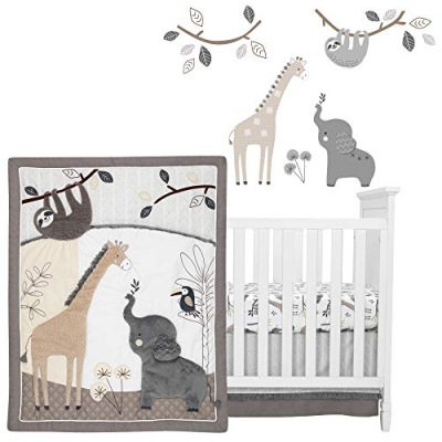 Lambs & Ivy Jungle Animals Gray White Taupe Crib Bedding Set, 4 Piece Nursery Quilt, Fitted Sheet, Skirt, Wall Decals 0cm 8 Product: Lambs & Ivy Baby Jungle Animals 4-Piece Gray/White/Taupe Crib Bedding Set