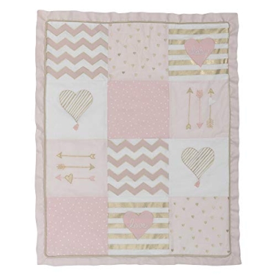 Lambs & Ivy Baby Love Pink Gold Heart 4 Piece Girl Crib Bedding Set, Quilt Fitted Sheet Crib Skirt Diaper Holder, 28x52 9 Product: Lambs & Ivy Baby Love Pink/Gold Girl Heart 4 Piece Crib Bedding Set