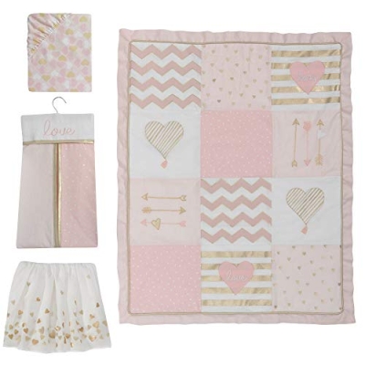 Lambs & Ivy Baby Love Pink Gold Heart 4 Piece Girl Crib Bedding Set, Quilt Fitted Sheet Crib Skirt Diaper Holder, 28x52 8 Product: Lambs & Ivy Baby Love Pink/Gold Girl Heart 4 Piece Crib Bedding Set