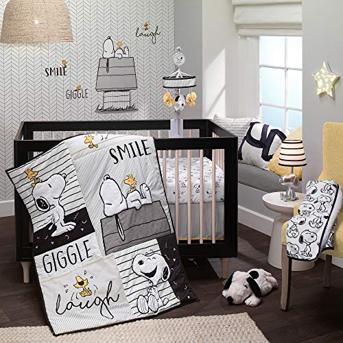 Lambs & Ivy Classic Snoopy White/Black/Gray 3-Piece Baby Crib Bedding Set - Crib Bedding Sets Product: Lambs & Ivy Classic Snoopy White/Black/Gray 3-Piece Baby Crib Bedding Set