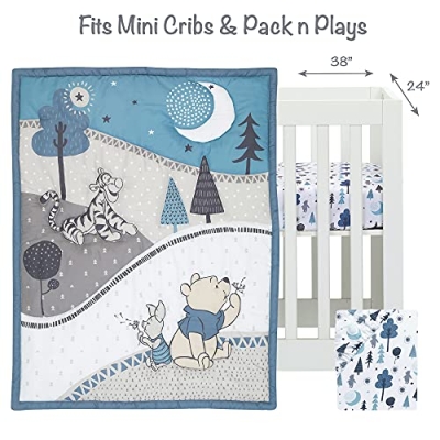Winnie the Pooh Mini Crib Bedding Set, 3 Piece Blue Nursery Bundle, Comforter and 2 Sheets, 30 x 38 in, 24 x 38 in 9 Product: Lambs & Ivy (LAMCR) Forever Pooh 3-Piece Mini Crib Bedding Set, Blue (780020)