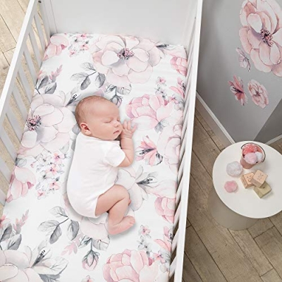 Lambs & Ivy Botanical Watercolor Floral Baby Crib Bedding Set, 4 Piece, Pink Gray, Pom Pom Skirt, Wall Stickers, 16-inch 14 Product: Lambs & Ivy Signature Botanical Baby Watercolor Floral 4-Piece Crib Bedding Set