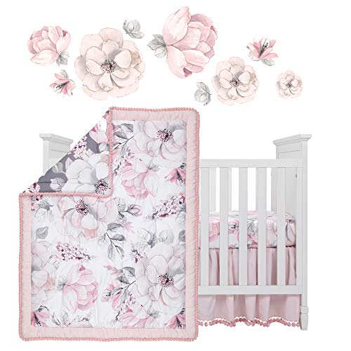 Lambs & Ivy Botanical Watercolor Floral Baby Crib Bedding Set, 4 Piece, Pink Gray, Pom Pom Skirt, Wall Stickers, 16-inch 1 Product: Lambs & Ivy Signature Botanical Baby Watercolor Floral 4-Piece Crib Bedding Set