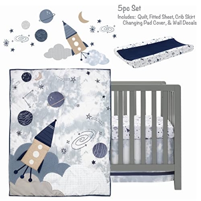 Blue Space Rocket Nursery Bedding, 5 Piece Galaxy Crib Set, Star Quilt, Fitted Sheet, Plush Rocket Toy, 32.5cm 10 Product: Lambs & Ivy Sky Rocket 5-Piece Blue Galaxy/Space Nursery Baby Crib Bedding Set