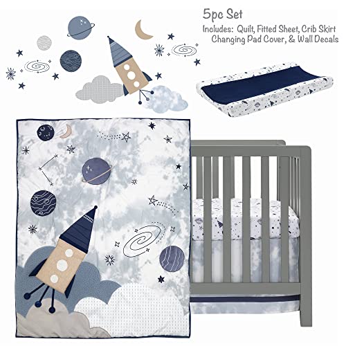 Blue Space Rocket Nursery Bedding, 5 Piece Galaxy Crib Set, Star Quilt, Fitted Sheet, Plush Rocket Toy, 32.5cm 1 Product: Lambs & Ivy Sky Rocket 5-Piece Blue Galaxy/Space Nursery Baby Crib Bedding Set