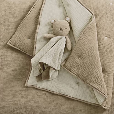 Muslin Nursery Bedding Set, Neutral Crib Collection, Quilt Sheet Swaddles Bear Lovey, Cacao Beige Grey, 5 Piece 9 Product: Levtex Baby - Cloud Muslin Crib Bed Set - Baby Nursery Set - Cacao and Beige Stars - Grey Textured Muslin - 5 Piece Set Includes Quilt, Fitted Sheet, Two Swaddles & Bear Lovey