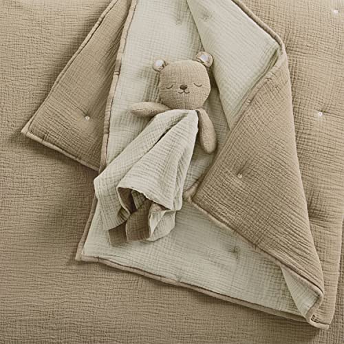 Muslin Nursery Bedding Set, Neutral Crib Collection, Quilt Sheet Swaddles Bear Lovey, Cacao Beige Grey, 5 Piece 3 Product: Levtex Baby - Cloud Muslin Crib Bed Set - Baby Nursery Set - Cacao and Beige Stars - Grey Textured Muslin - 5 Piece Set Includes Quilt, Fitted Sheet, Two Swaddles & Bear Lovey