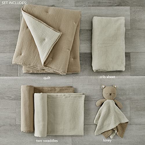 Muslin Nursery Bedding Set, Neutral Crib Collection, Quilt Sheet Swaddles Bear Lovey, Cacao Beige Grey, 5 Piece 1 Product: Levtex Baby - Cloud Muslin Crib Bed Set - Baby Nursery Set - Cacao and Beige Stars - Grey Textured Muslin - 5 Piece Set Includes Quilt, Fitted Sheet, Two Swaddles & Bear Lovey