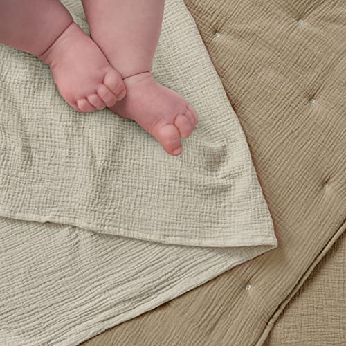 Muslin Nursery Bedding Set, Neutral Crib Collection, Quilt Sheet Swaddles Bear Lovey, Cacao Beige Grey, 5 Piece 5 Product: Levtex Baby - Cloud Muslin Crib Bed Set - Baby Nursery Set - Cacao and Beige Stars - Grey Textured Muslin - 5 Piece Set Includes Quilt, Fitted Sheet, Two Swaddles & Bear Lovey
