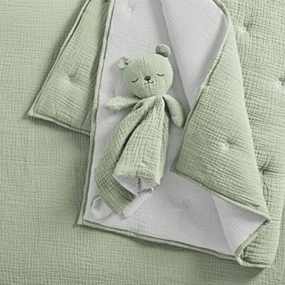 Product: Levtex Baby - Cloud Muslin Crib Bed Set - Baby Nursery Set - Sage and White Stars - Sage Textured Muslin - 5 Piece Set Includes Quilt, Fitted Sheet, Two Swaddles & Bear Lovey