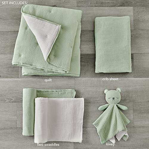 Product: Levtex Baby - Cloud Muslin Crib Bed Set - Baby Nursery Set - Sage and White Stars - Sage Textured Muslin - 5 Piece Set Includes Quilt, Fitted Sheet, Two Swaddles & Bear Lovey