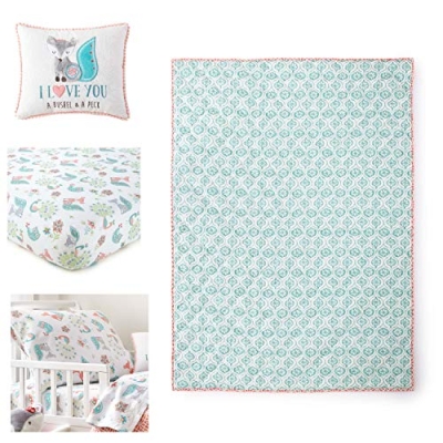 Levtex Baby Fiona Toddler Bed Set, 5 Piece, Pink Aqua White, Woodland Forest Theme, Woodland Animal Nursery Bedding 5 Piece 11 Product: Levtex Baby - Fiona Toddler Bed Set - Pink, Aqua, White - Woodland Forest Theme - 5 Piece Set Includes Reversible Quilt, Fitted Sheet, Flat Sheet, Pillow Case, Decorative Pilow