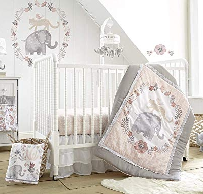 Product: Levtex Baby Jungalo Blush and Grey Animal Themed 5 Piece Crib Bedding Set