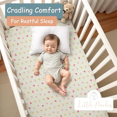 Jersey Knit Crib Sheets, Little Peaches 2 Pack, Heart Print Vanilla, Soft Stretch Fitted Nursery Bedding, 28 x 52 x 9 in 2 Product: Little Peaches Baby Sheets for Crib - Super Soft & Breathable Toddler Sheets, Portable Crib Sheets for Boys & Girls, 4 Way Stretch Knitted Fitted Crib Sheet, Baby Bedding, 2 Pack - Heart & Vanilla