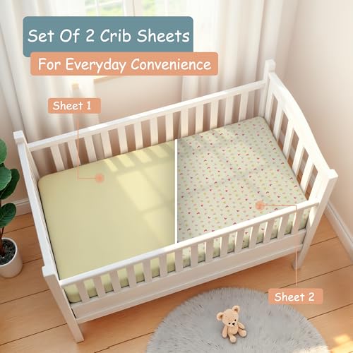 Jersey Knit Crib Sheets, Little Peaches 2 Pack, Heart Print Vanilla, Soft Stretch Fitted Nursery Bedding, 28 x 52 x 9 in 1 Product: Little Peaches Baby Sheets for Crib - Super Soft & Breathable Toddler Sheets, Portable Crib Sheets for Boys & Girls, 4 Way Stretch Knitted Fitted Crib Sheet, Baby Bedding, 2 Pack - Heart & Vanilla