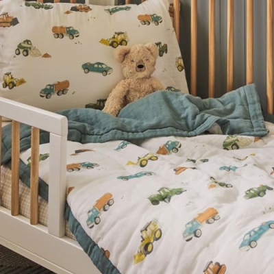 Cotton Muslin Toddler Bedding Set, 3 Piece Comforter Sheet Pillowcase, Breathable Crib Toddler Bed, 36x50in 17 Product: Little Unicorn Toddler Bedding 3-Piece Set | Super Soft & Breathable Muslin Fabric | for Convertible Cribs & Toddler Beds (Work Trucks)