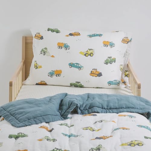 Cotton Muslin Toddler Bedding Set, 3 Piece Comforter Sheet Pillowcase, Breathable Crib Toddler Bed, 36x50in 2 Product: Little Unicorn Toddler Bedding 3-Piece Set | Super Soft & Breathable Muslin Fabric | for Convertible Cribs & Toddler Beds (Work Trucks)